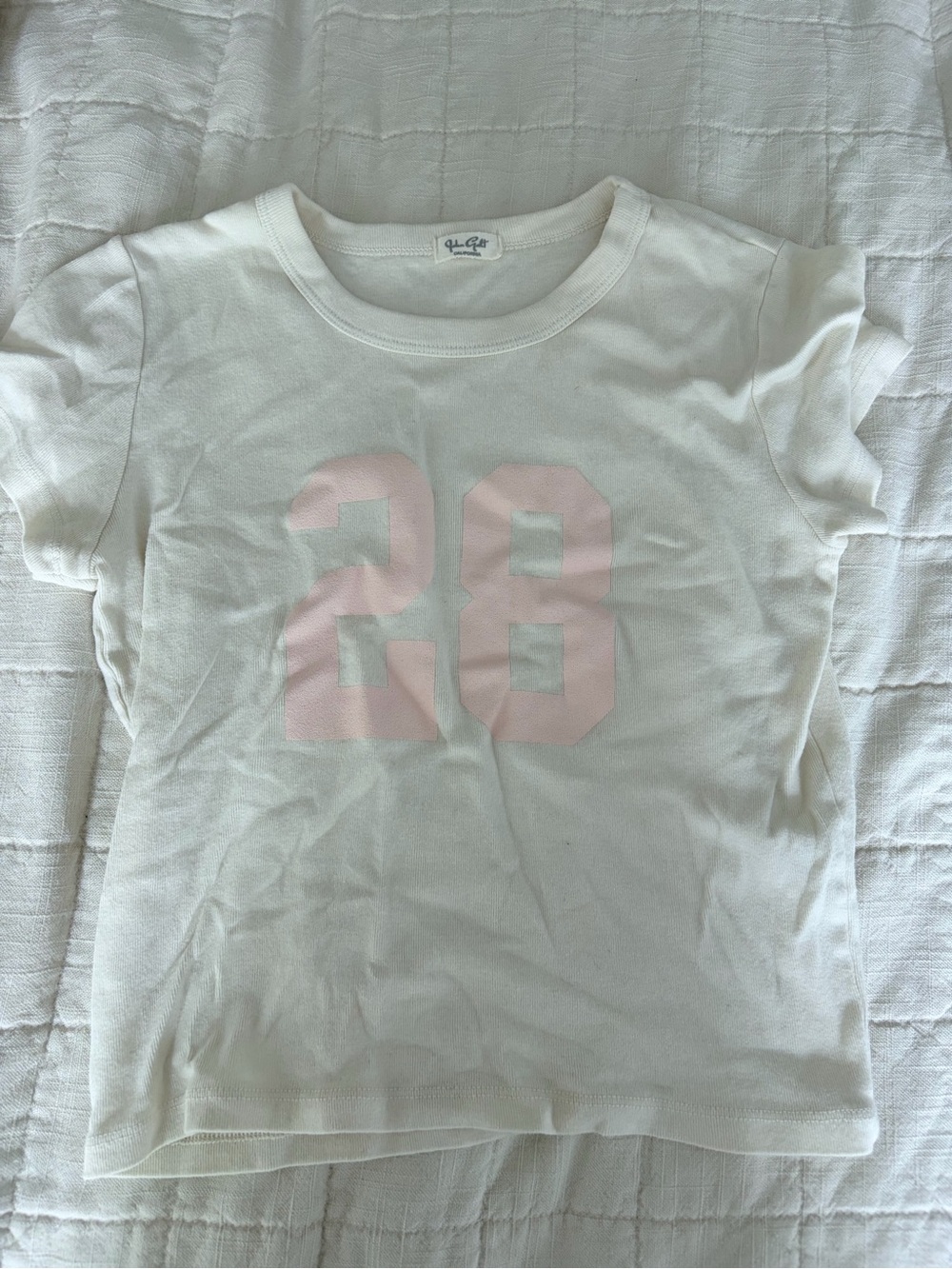 Brandy Melville White Short Sleeve Tee with Pink '28' Graphic